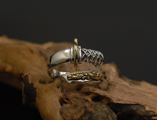 Men's unique dragon sword sterling silver ring