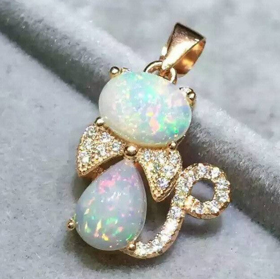 Genuine opal cute cat pendant and neckalce