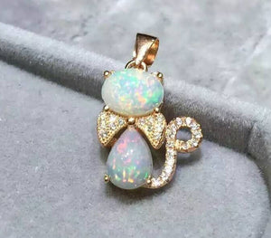Genuine opal cute cat pendant and neckalce - MOWTE