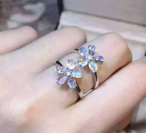 Fashion blue moonstone flower silver free size ring - MOWTE