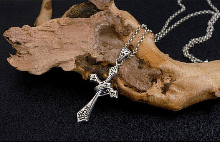 Men's vintage sterling silver cross pendant & necklace - MOWTE