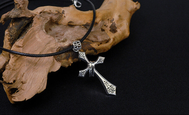 Men's vintage sterling silver cross pendant & necklace - MOWTE