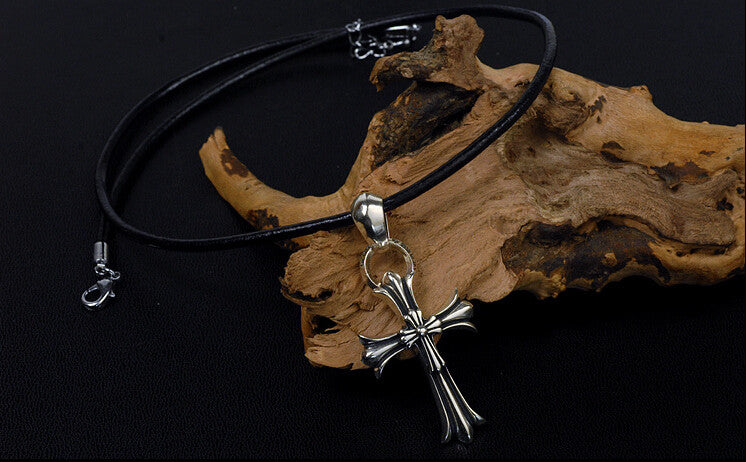 Men's vintage sterling silver cross pendant & necklace - MOWTE