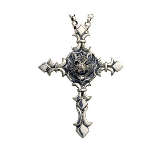 Men's unique sterling silver bat cross pendant & necklace
