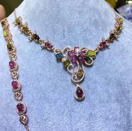 Natural candy tourmaline sterling silver wedding jewelry sets