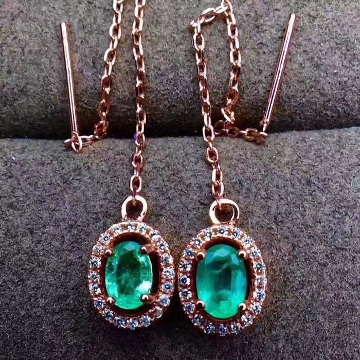 Green emerald sterling silver long earrings