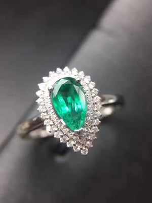 Natural silver pear cut emerald ring - MOWTE