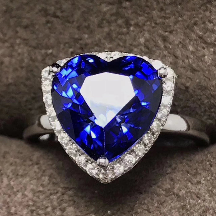 Genuine sapphire heart cut silver free size ring