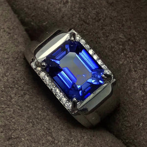 Genuine sapphire mens silver free size ring - MOWTE