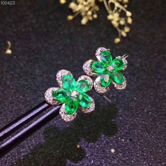Natural emerald flower sterling silver studs