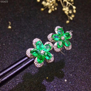 Natural emerald flower sterling silver studs - MOWTE