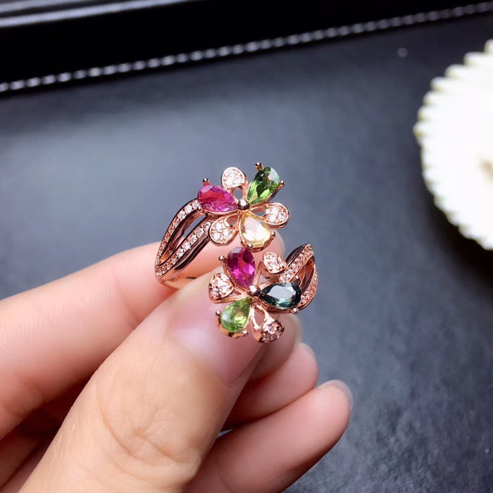 Natural tourmaline flowers silver free size ring
