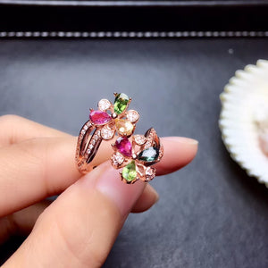 Natural tourmaline flowers silver free size ring - MOWTE