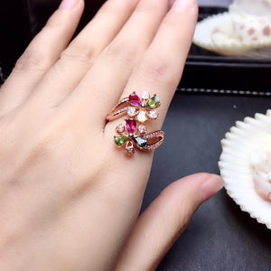 Natural tourmaline flowers silver free size ring - MOWTE