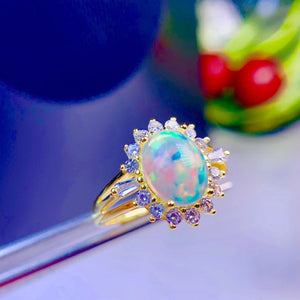 Colorful natural opal sterling silver free size ring - MOWTE