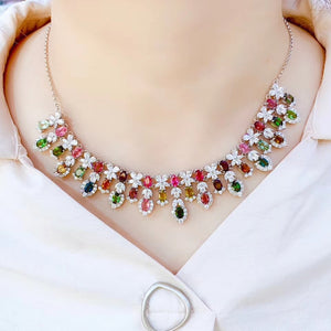 Luxury natural tourmaline silver statement necklace - MOWTE
