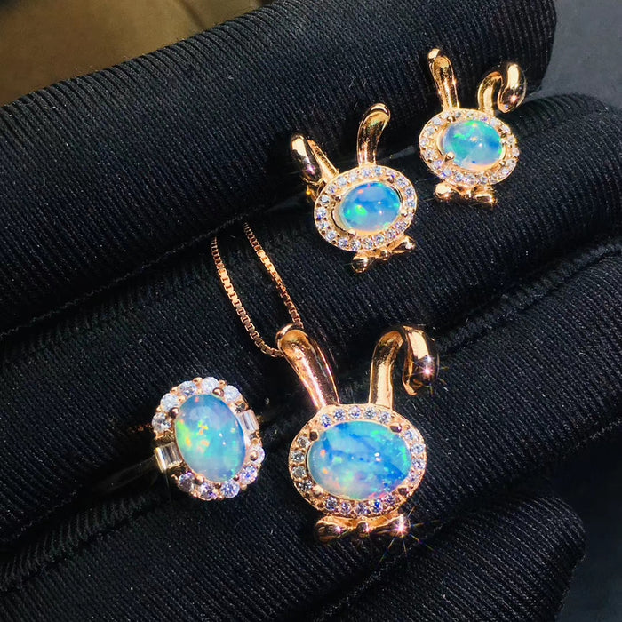 Natural opal bunny sterling silver jewelry sets