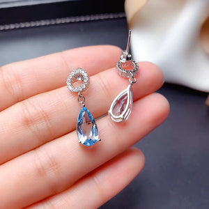Natural blue topaz drop dangle silver earrings