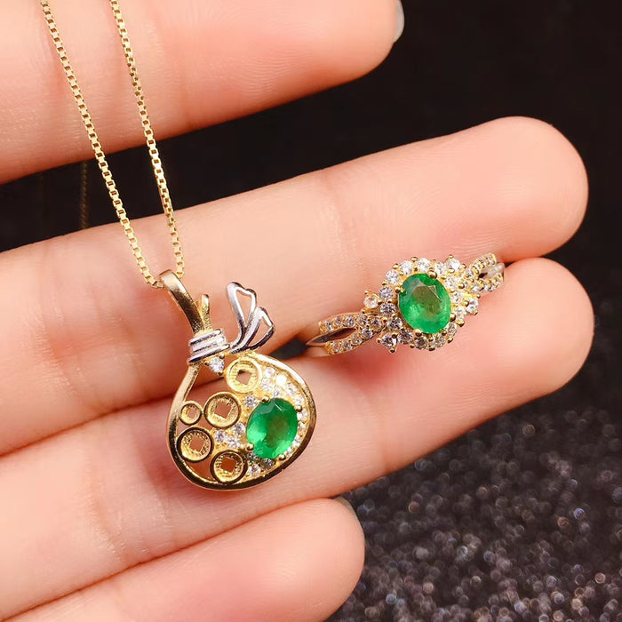 Fashion natural green emerald sterling silver jewelry sets