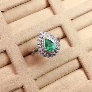 Natural pear cut silver green emerald ring