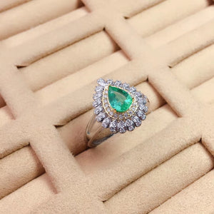 Natural pear cut silver green emerald ring
