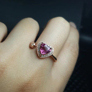 Pink tourmaline heart cut silver adjustable ring