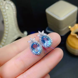 Natural blue topaz studs silver earrings