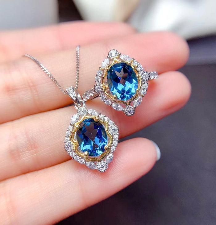 Natural London blue topaz sterling silver jewelry sets