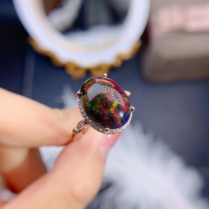 Black opal sterling silver free size ring