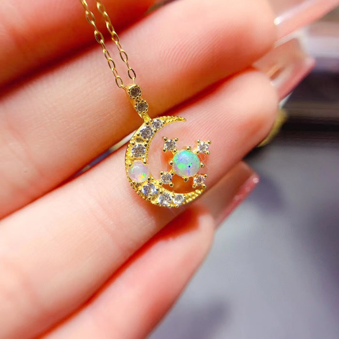Genuine opal moon pendant and neckalce